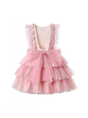 Summer Blush Pink Rose Embroidery Chiffon Three-Layered Dress + Handmade Headband