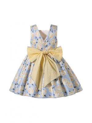 (UK only)Floral Pattern Lace Blue Bows Girls Yellow Dress + Headband