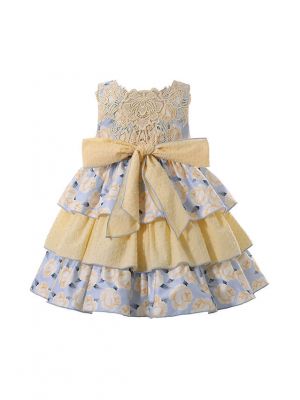 (UK ONLY)Vintage Square Collar Bows Girls Yellow Dress + Headband