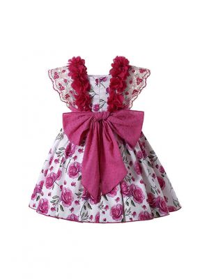 Sundress Rose Red Floral Patterns Lace Bows Ruffle Girls Dress + Handmade Headwear