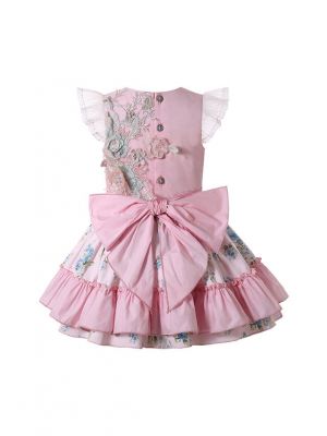Girls Sundress Crewneck Sleeveless Floral Patterns Pink Dress + Handmade Headband