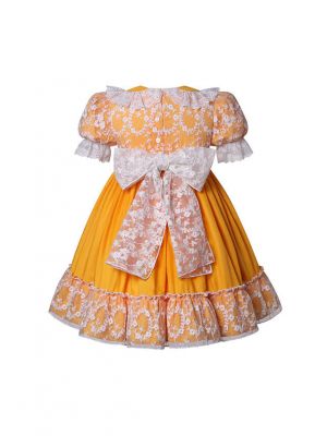 Girls Orange Puff Sleeve Lace Smocked Dress for Easter