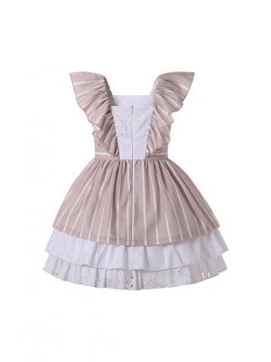 (UK Only)Khaki Striped Lace Hem Dress + Handmade Headband