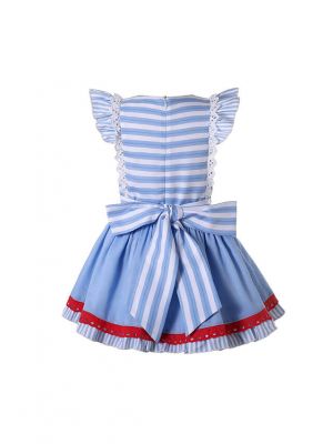 Classic Blue Stripes Girl Dress + Handmade Headband