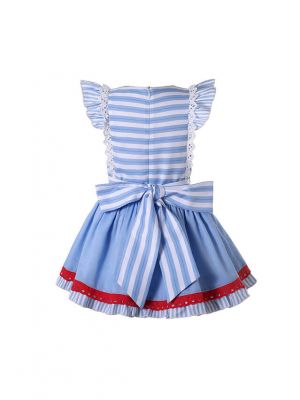 (UK ONLY)Classic Blue Stripes Girl Summer Dress + Handmade Headband