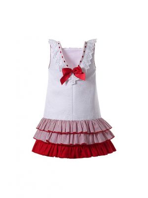 Girl Summer Red White Sleeveless Dress with Bow + Handmade Headband