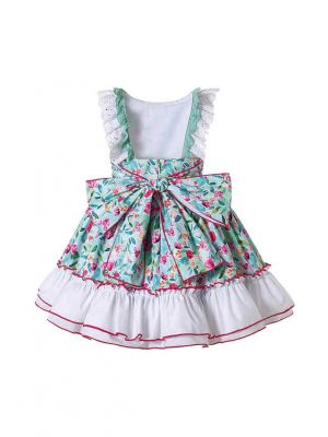 Flower Ruffle Green Girl Dress + Handmade Headband