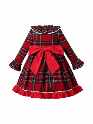 (UK Only) Girls Plaid Design Red Ruffle Dress + Handmade Headband