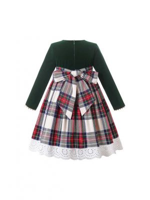 (USA ONLY)Christmas Deep Green Long Sleeve Plaid Dress + Handmade Headband