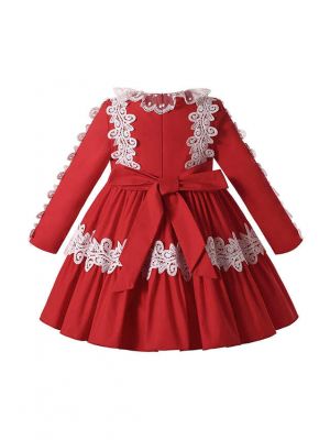 (ONLY 4Y)Autumn & Winter White Lace Bow Red Ruffle Dress + Handmade Headband