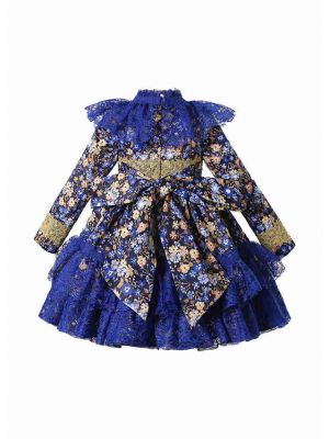 Blue Long Sleeve Girls Lace Floral Dress + Handmade Headband