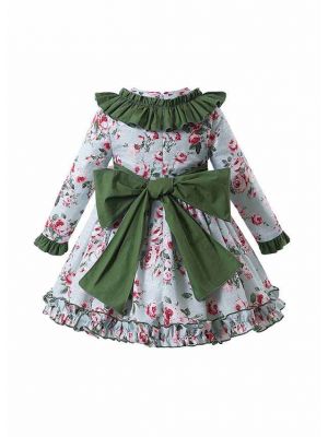 Blue and Green Layered Cake Dress with Printed Flower