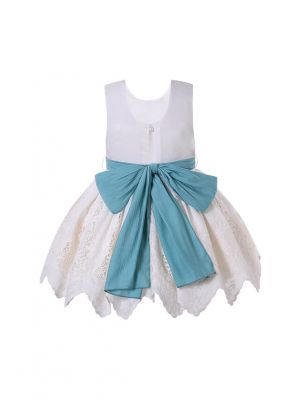 (PRE-ORDER)Girls Summer White Lace Dress With Blue Sash  + Handmade Headband
