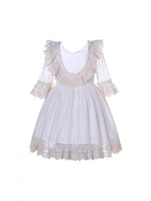 Girls White Half Sleeves Lace Tulle Dress with Blue Flower Sash