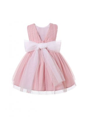 Summer Girls Pink Mesh Dress with Lace Tulle Flower Waist Trim + Handmade Headband