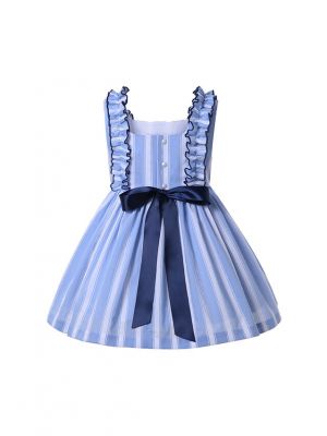 Girls Sleeveless Embroidery White & Blue Striped Dress + Handmade Headband