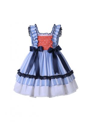 Girls Sleeveless Blue and White Striped Ruffle Lace Dress with Bows
