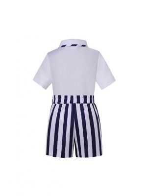 Kids White Short Sleeve Shirt + Black White Striped Shorts