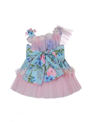 Pink & Blue Chiffon Ruffle Girls Dress + Handmade Headband + Shorts
