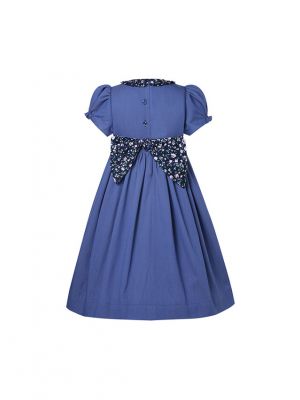 Blue Puff Sleeve Girls Smocked Dress