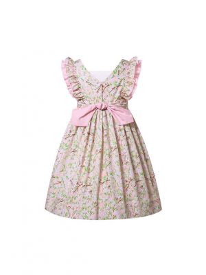 Girls Plant Print Ruffle Smocked Dress