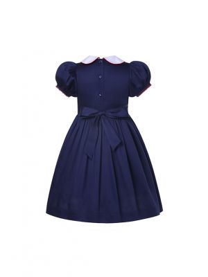 New Arrival Peter Pan Collar Dark Blue Smocked Dress