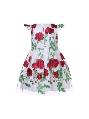 Girls Rose Embroidered Floral Tulle White Dress