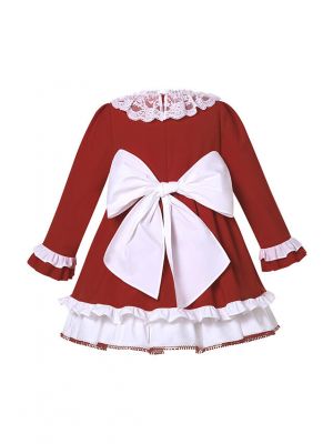 (ONLY 4Y)Red Ruffled Lace Girls Christmas Dress + Handmade Headband