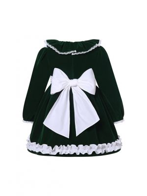 Girls Green Velvet smocked dress with bows + Headband