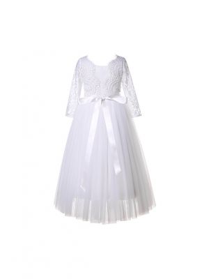 Girls White Flower Lace Tulle Dresses