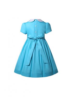 Girls Blue Smocked Dress with Peter Pan Collar 2-12 Years
