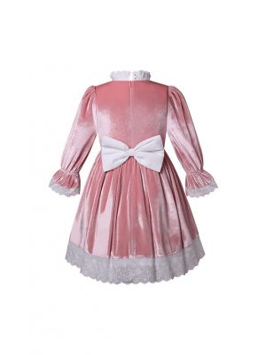 Girls Pink Velvet Gown Lace Dress