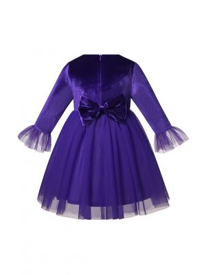 Girls Purple Velvet Tulle Long-Sleeve A-Line Dress