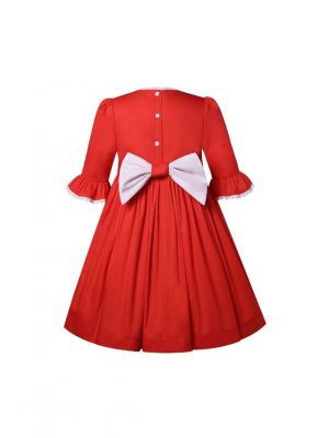 Girls Red Smocked Mid-sleeve Dress