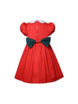 Girls Red Christmas Tree Embroidery Smocked Dress