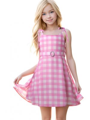 Pink and White Gingham Dress for Girls with Pearl Ring Fastening