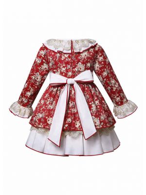 Girls Red Retro Floral Printed Lace Dress+ Handmade headband