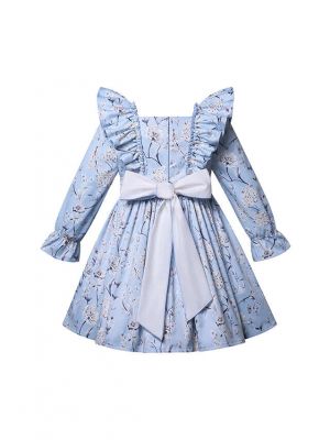 Girls Pale Blue Floral Print Smocked Dress