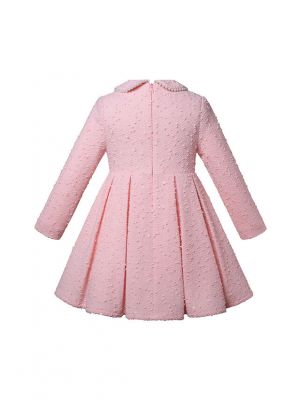 Girls Pink Cotton Tweed Dress with Pearl Single-Breasted Button