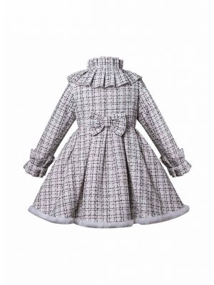 (Pre-order) Girls White Cotton Tweed Bows Coat with Fur Trim