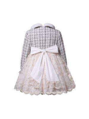 Girls Black White Tweed Cream Lace Dress