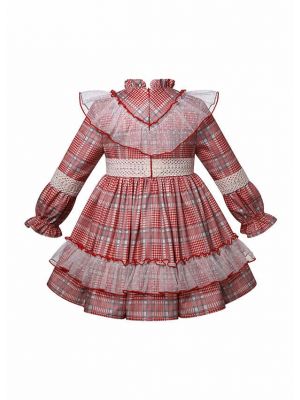 Girls Red & Ivory Checked Dress + Handmade Headband