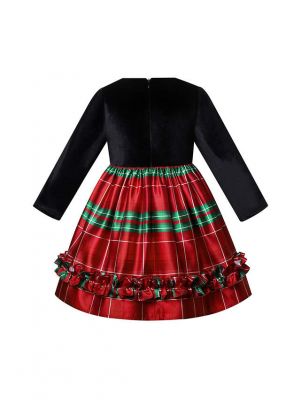 Girls Black Velvet Green Stripe Dress with Green Bow
