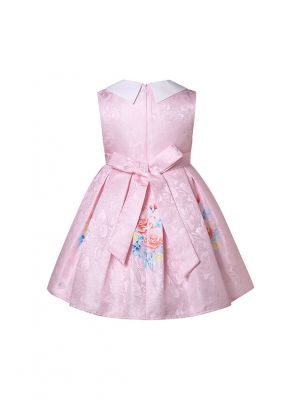 Girls Pink Rose Printed Dresses with Bow on the Front