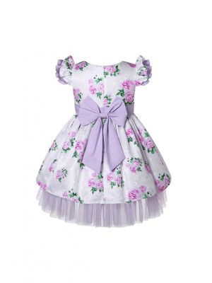 Girls Purple Flower Printed Tulle Dresses with Bows