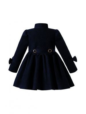 (UK Only) Autumn & Winter Girls Dark Blue Single Breasted Wool Coat + Hand Headband