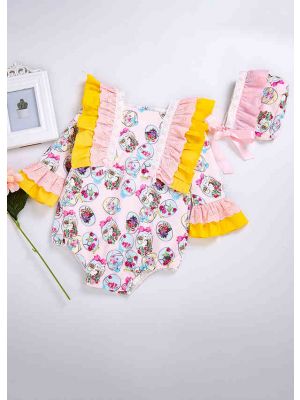 Princess Yellow Floral Printed Babies Romper Costumes + Cute Bonnet                            