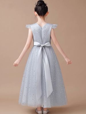 Grey Sleeveless Princess Tulle Skirt Flower Girl Dresses With Sequins