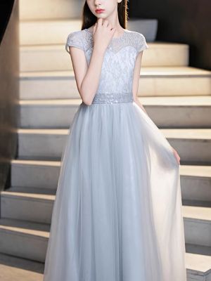 Elegant Grey Lace Dresses Princess Sash Short Ruffle Special Occasion Party Dresses for Girls