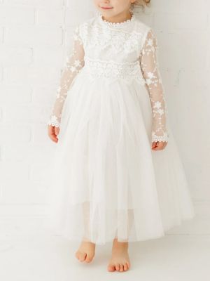 Long Sleeve Lace Flower Girl White Tulle Wedding Bohemian Lace Dress Boho Christening Gown Baptism Dress